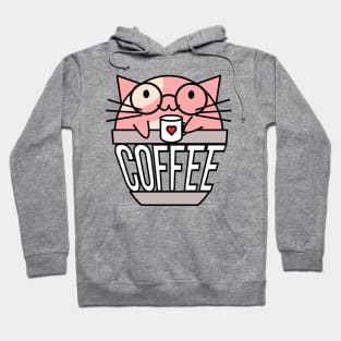 Cat in coffee cup with warped text holding coffee cup with heart wearing glasses pink Hoodie